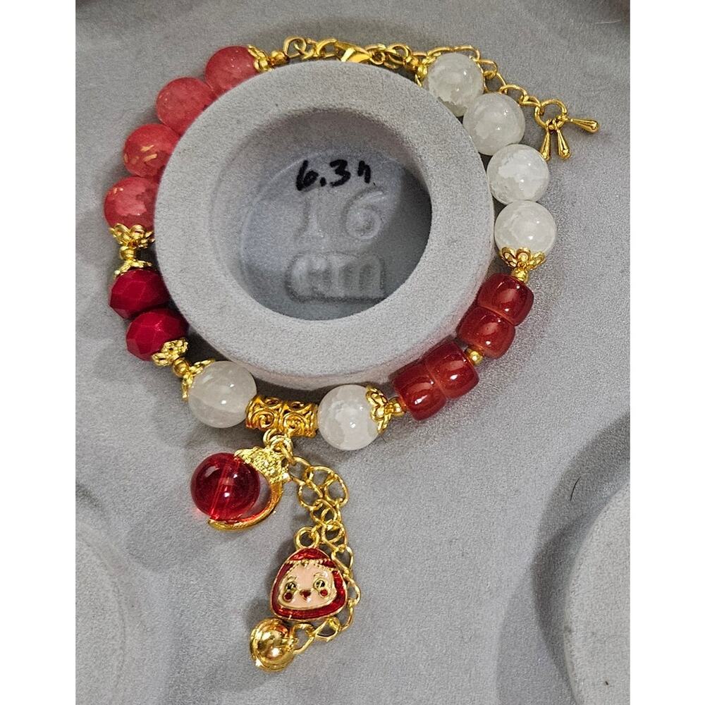 Red White Wire Bracelet w beaded Dangle Charms #566